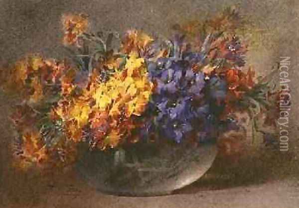 Spring flowers in a glass bowl Oil Painting - Blanche Odin